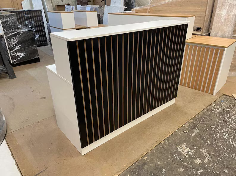 ZheeLuxe Strata Reception Desk – Modern Office Desk, Black Acoustic Slat Front
