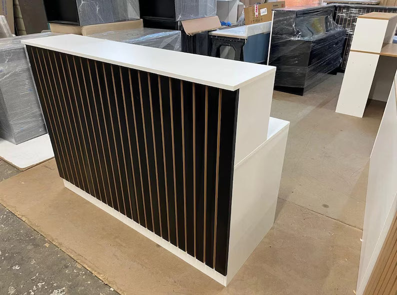 ZheeLuxe Strata Reception Desk – Modern Office Desk, Black Acoustic Slat Front
