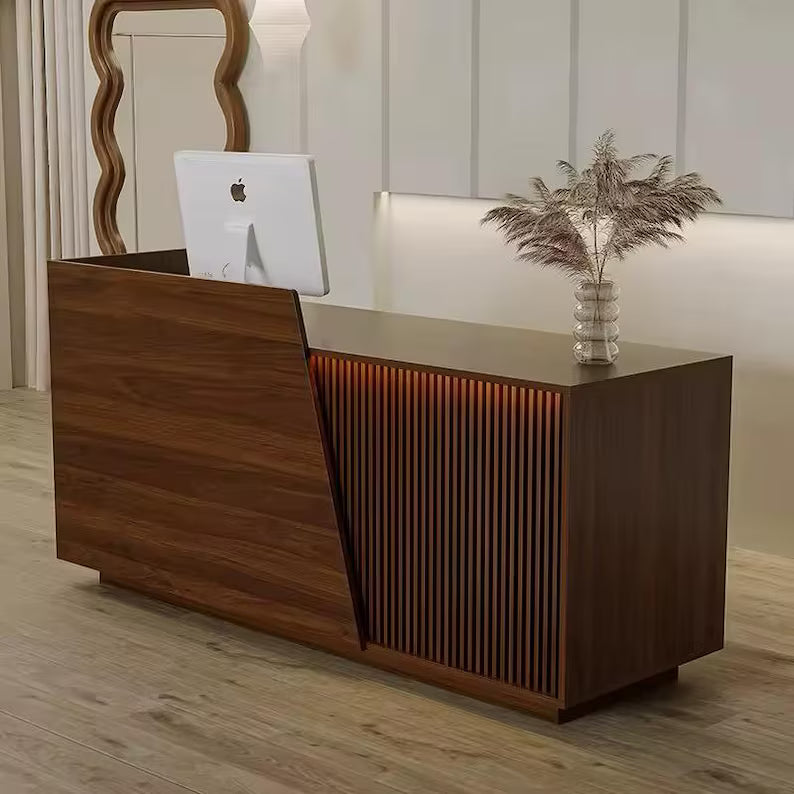 ZheeLigna – Custom Walnut Reception Desk with Slatted Front Design