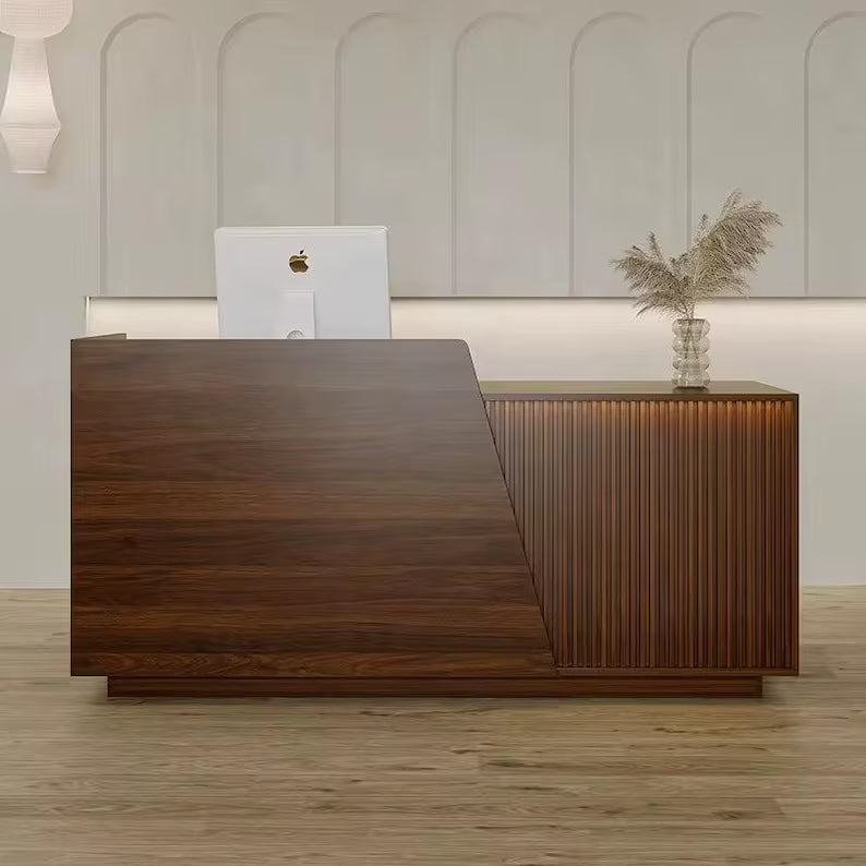 ZheeLigna – Custom Walnut Reception Desk with Slatted Front Design